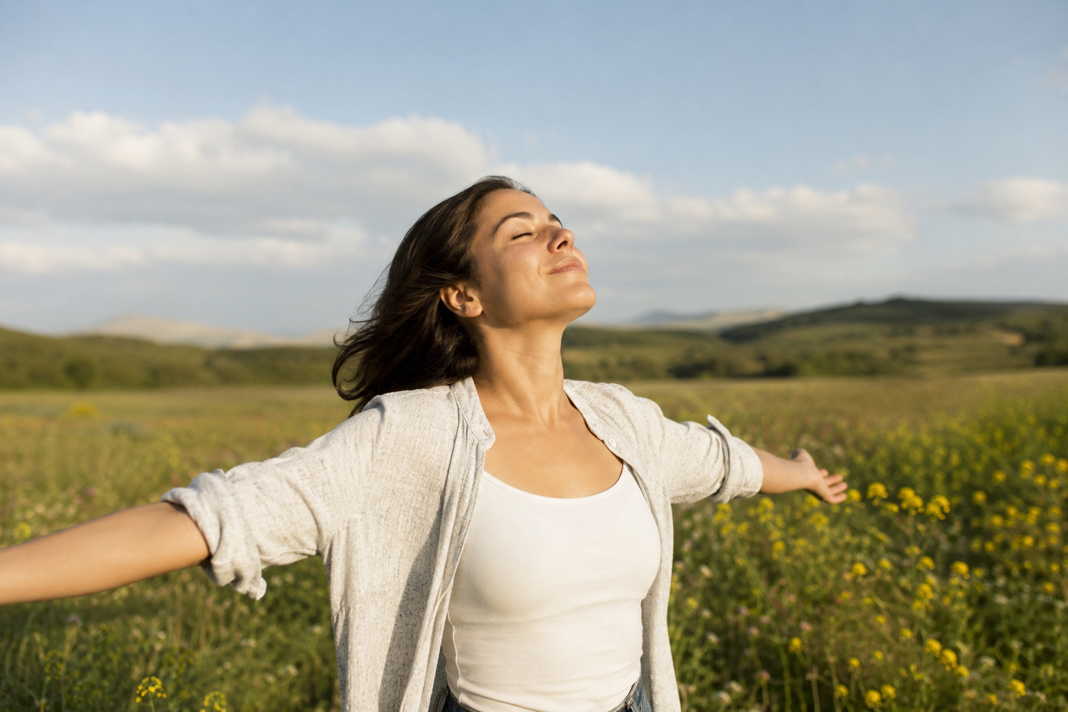 A woman breathing deeply and relaxing in a peaceful field representing freedom from perfectionism
