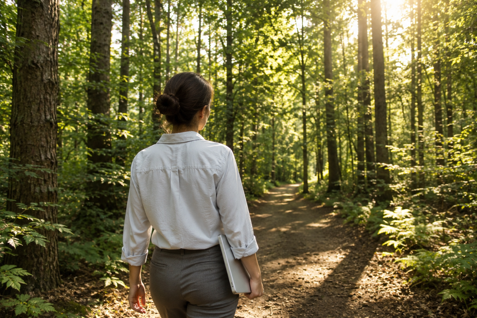 A professional closing their laptop and walking into a sunlit forest finding rest
