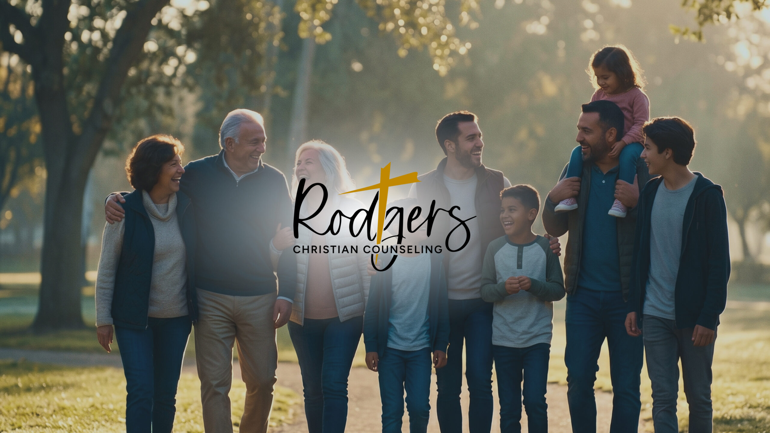 A large blended family walking together and laughing in a sunlit park