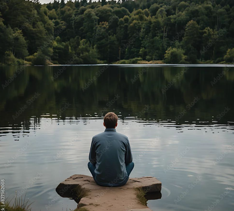 A person looking peacefully over a calm lake finding mental clarity and presence